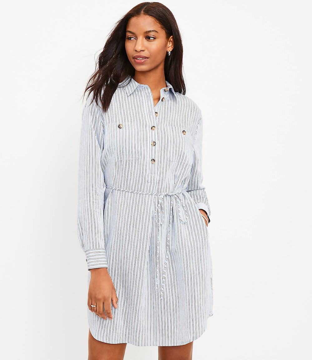 LOFT XS Striped Pocket Shirtdress Blue White Striped Mini Dress *No belt*